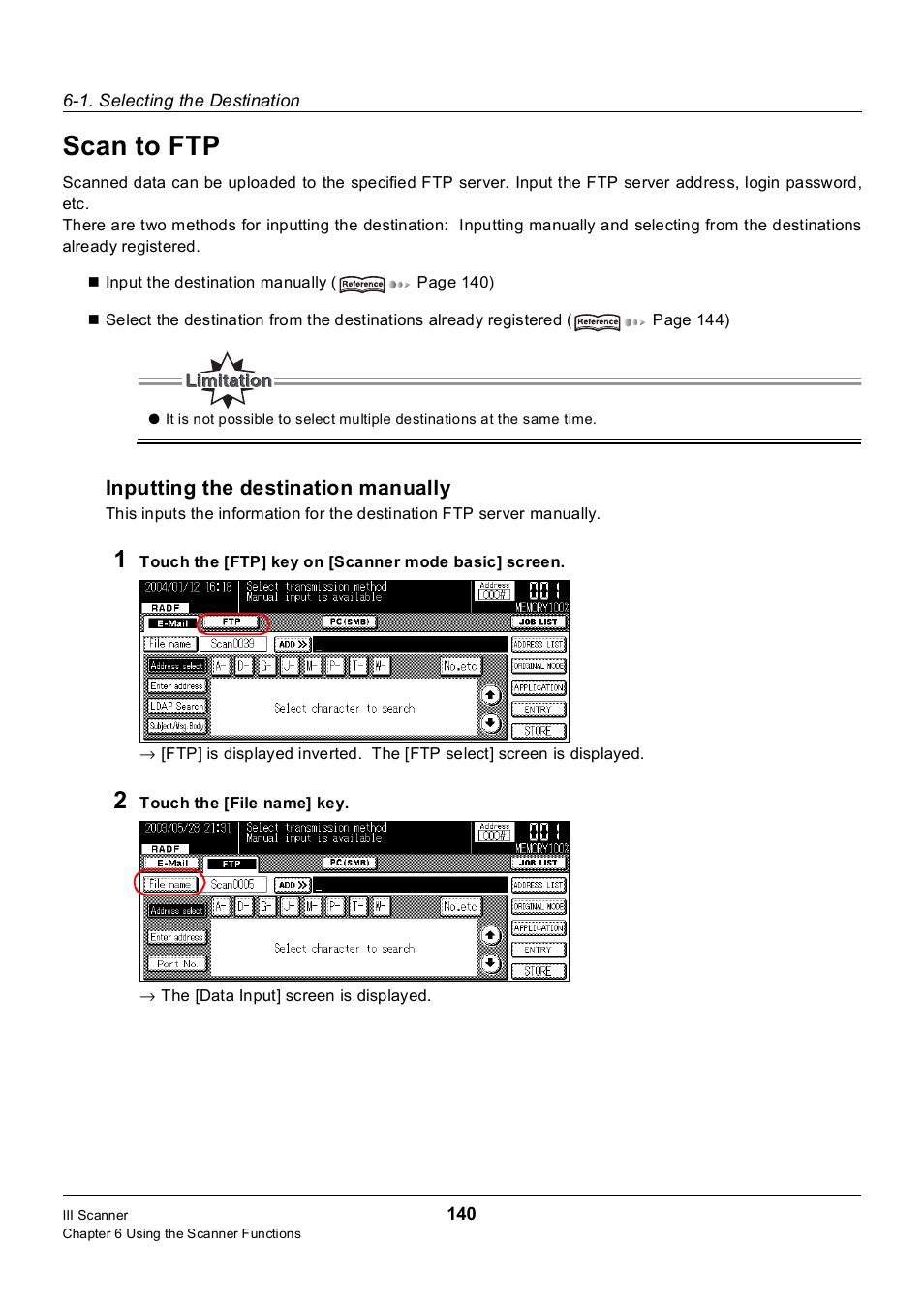 Scan to ftp, Inputting the destination manually | Konica Minolta 7235 User Manual | Page 149 / 230