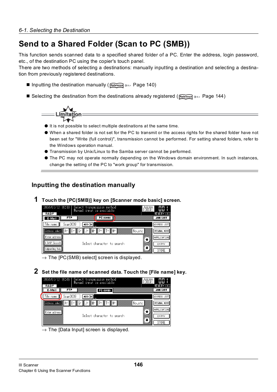 Send to a shared folder (scan to pc (smb)), Inputting the destination manually | Konica Minolta 7235 User Manual | Page 155 / 230