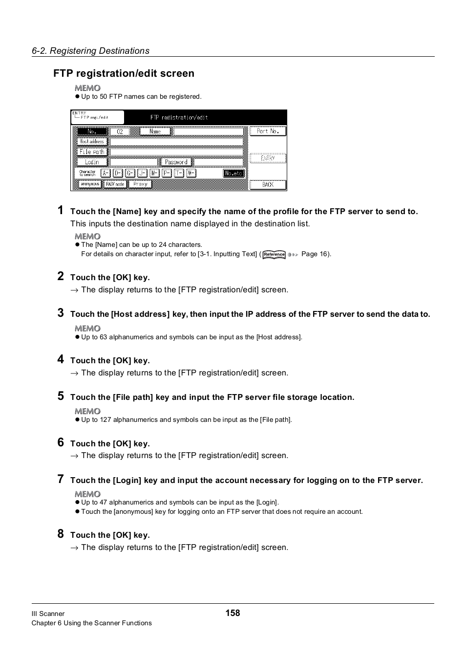 Ftp registration/edit screen | Konica Minolta 7235 User Manual | Page 167 / 230