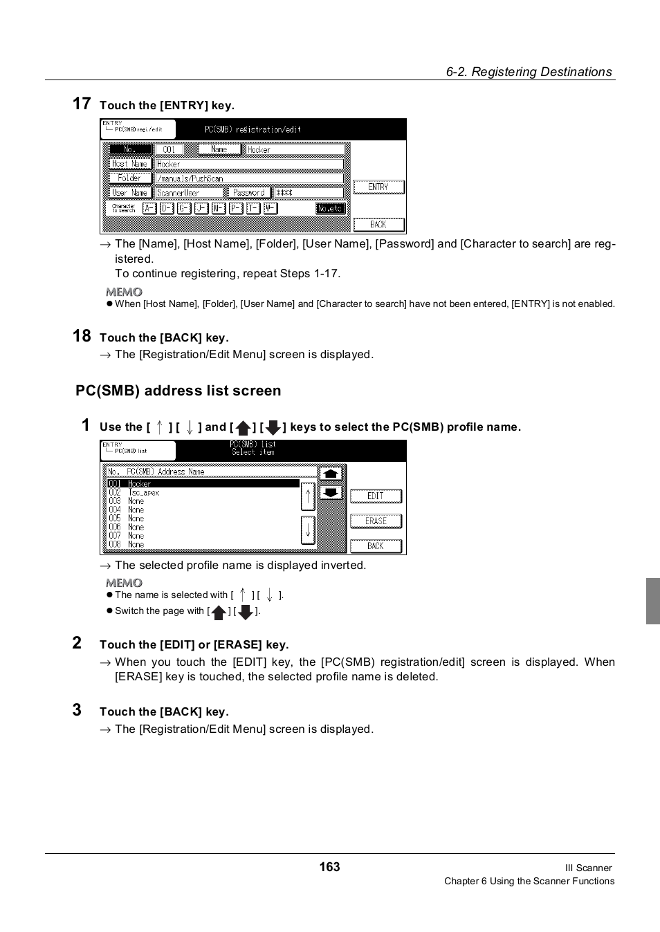 Pc(smb) address list screen | Konica Minolta 7235 User Manual | Page 172 / 230