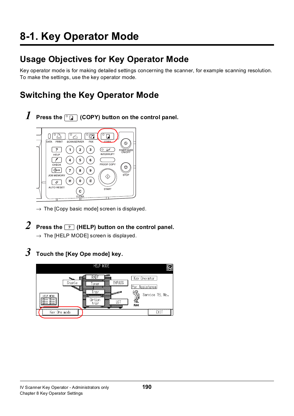 1. key operator mode, Usage objectives for key operator mode, Switching the key operator mode | Key operator mode | Konica Minolta 7235 User Manual | Page 199 / 230