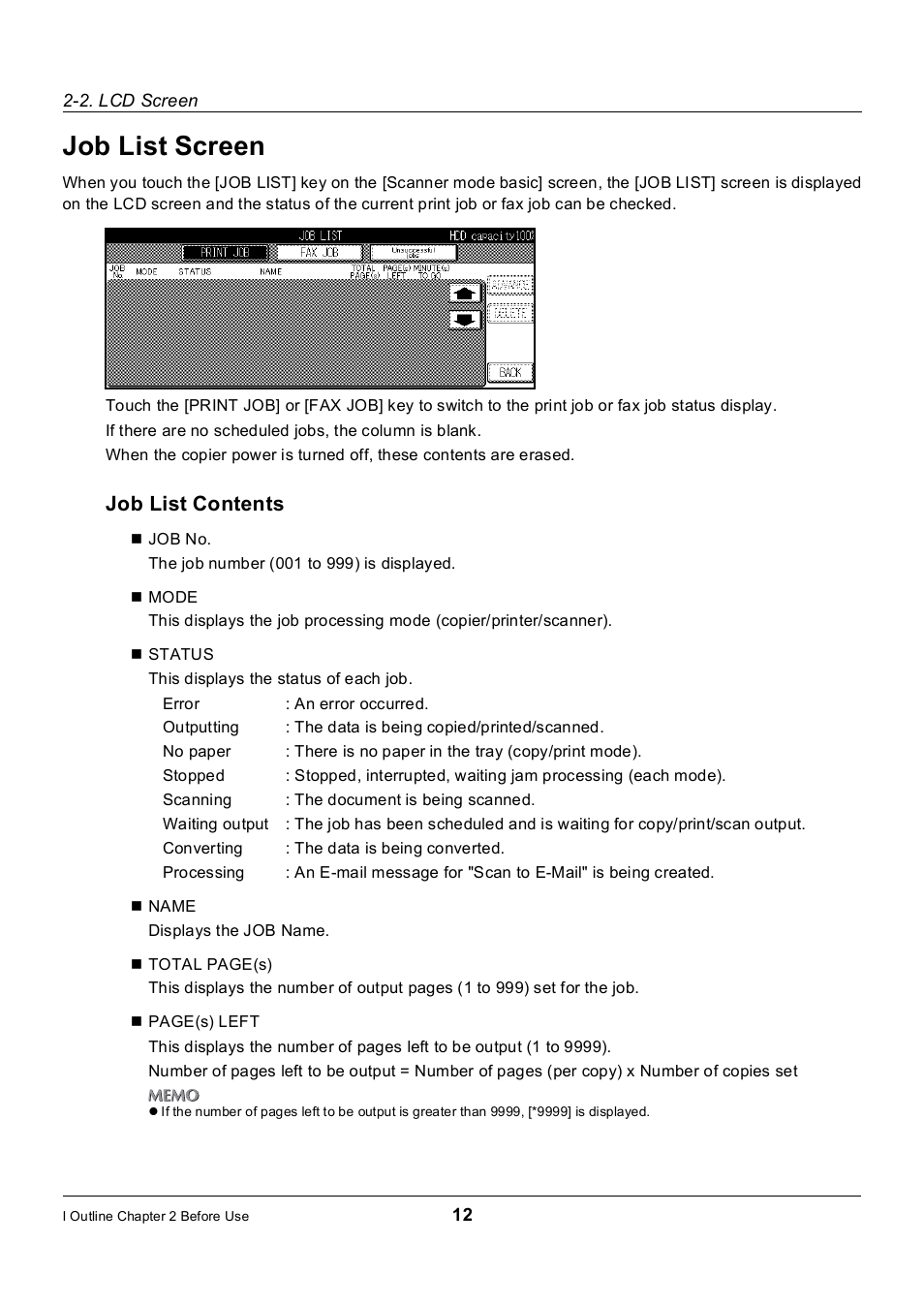 Job list screen, Job list contents | Konica Minolta 7235 User Manual | Page 21 / 230