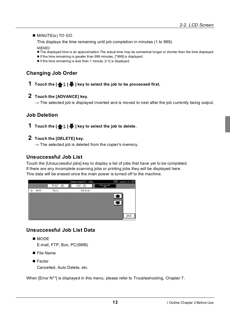 Changing job order, Job deletion, Unsuccessful job list | Unsuccessful job list data | Konica Minolta 7235 User Manual | Page 22 / 230