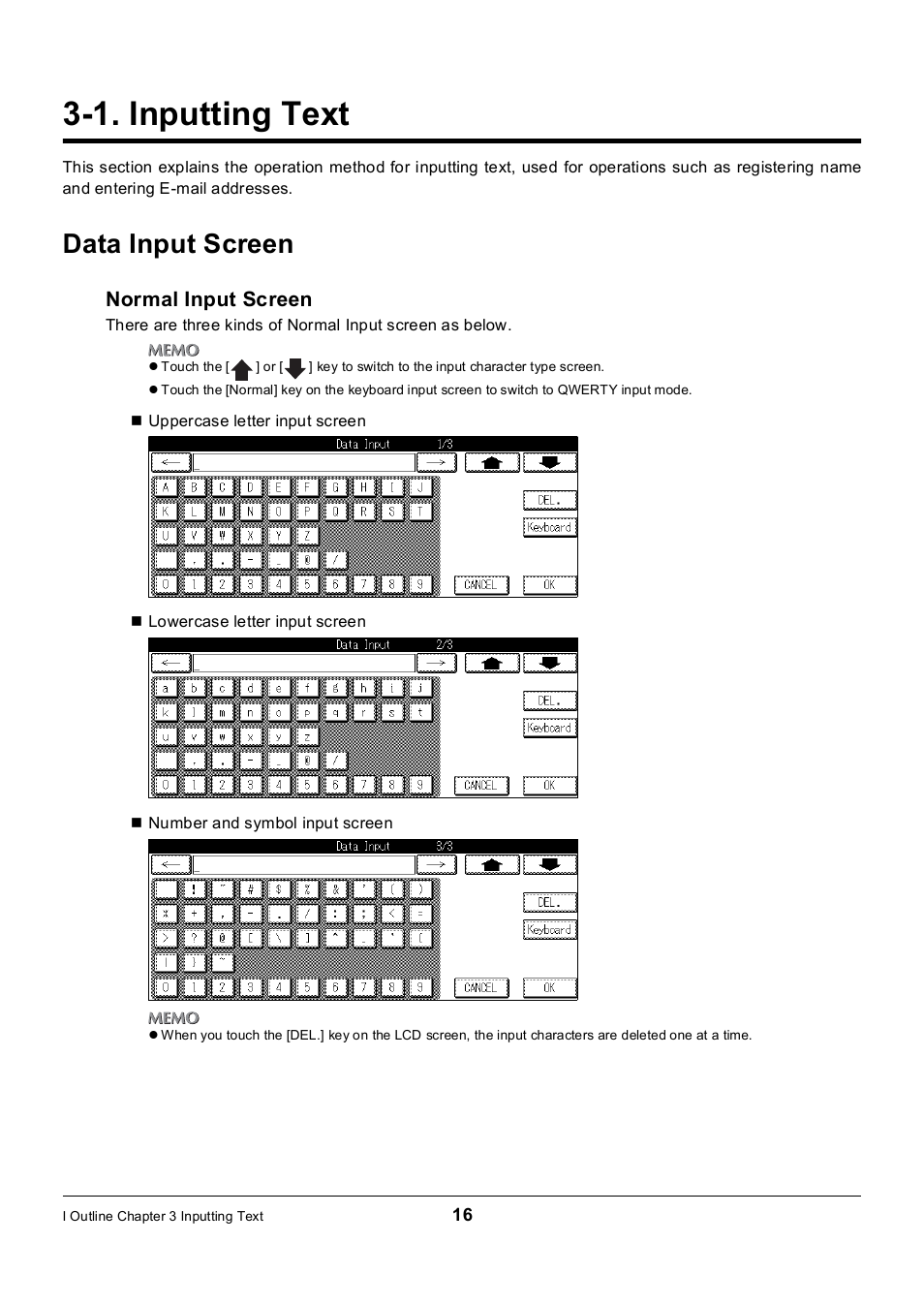 1. inputting text, Data input screen, Inputting text | Normal input screen | Konica Minolta 7235 User Manual | Page 25 / 230