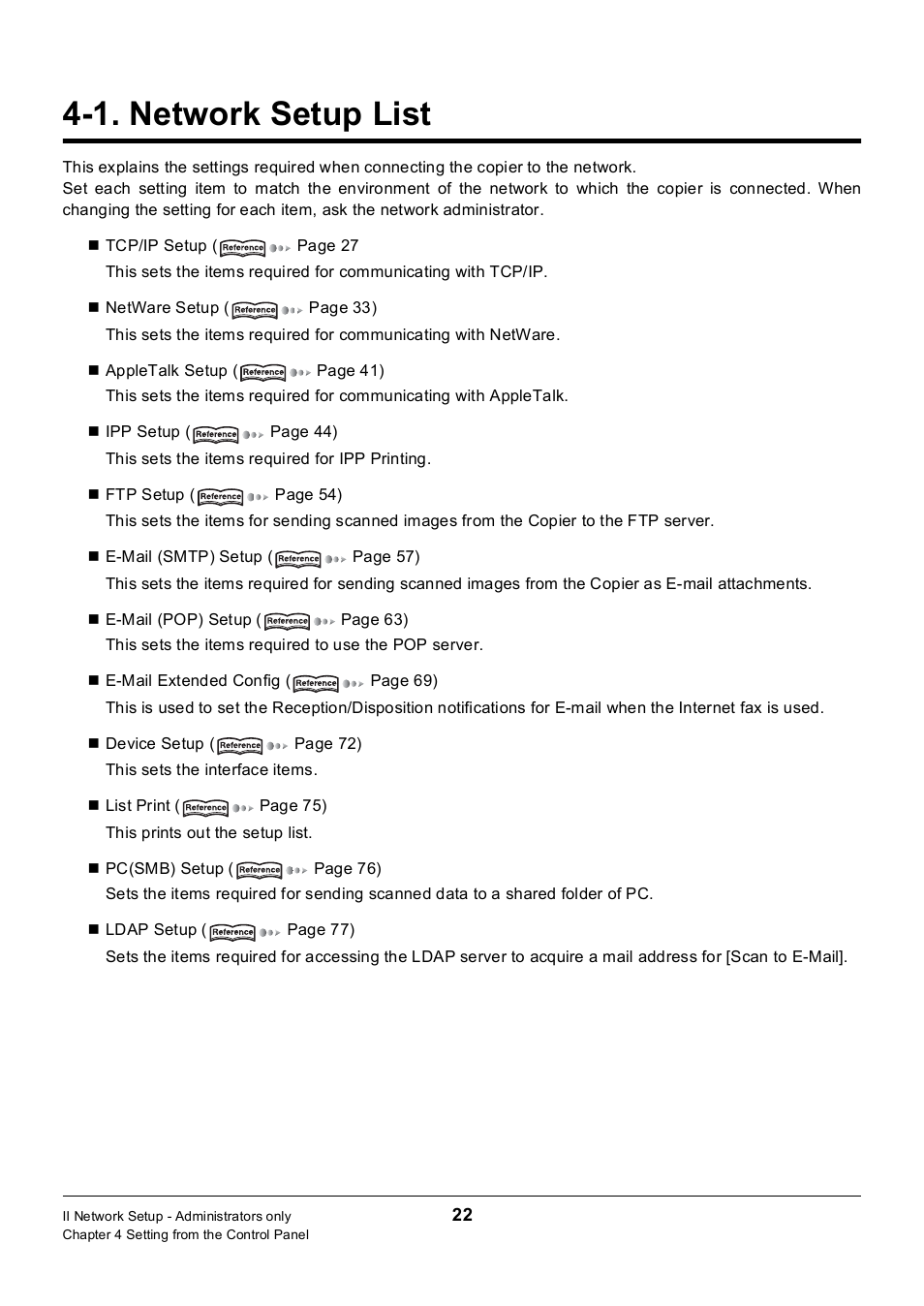 1. network setup list, Network setup list | Konica Minolta 7235 User Manual | Page 31 / 230