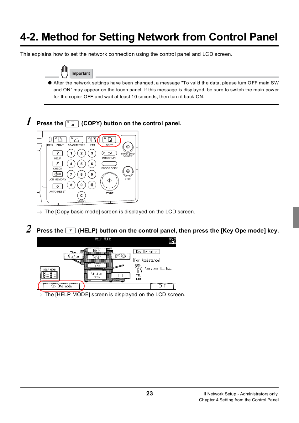 2. method for setting network from control panel, Method for setting network from control panel | Konica Minolta 7235 User Manual | Page 32 / 230