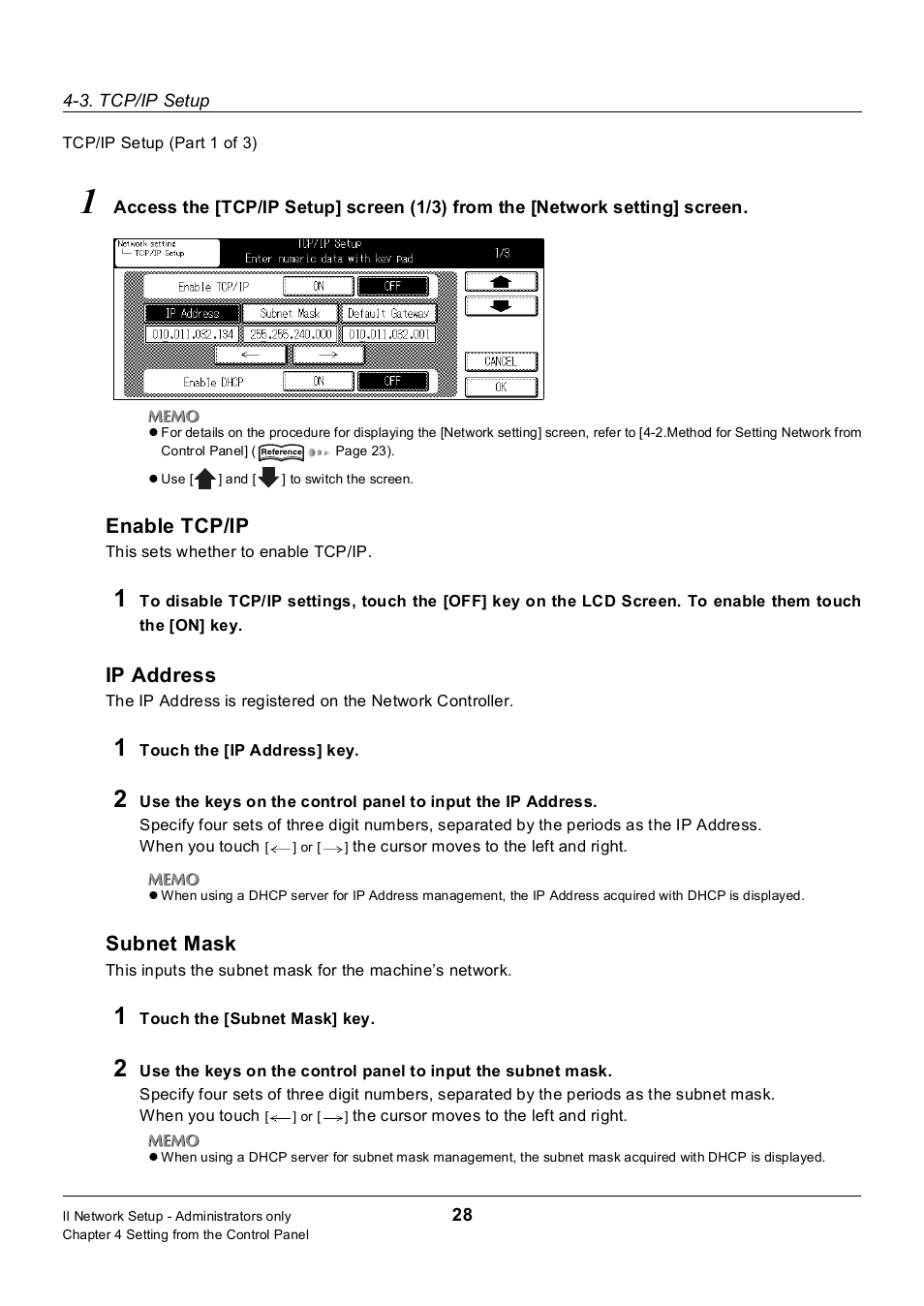 Enable tcp/ip, Ip address, Subnet mask | Konica Minolta 7235 User Manual | Page 37 / 230