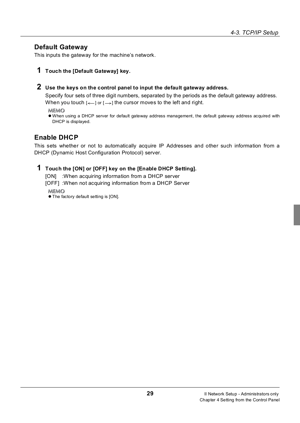 Default gateway, Enable dhcp | Konica Minolta 7235 User Manual | Page 38 / 230