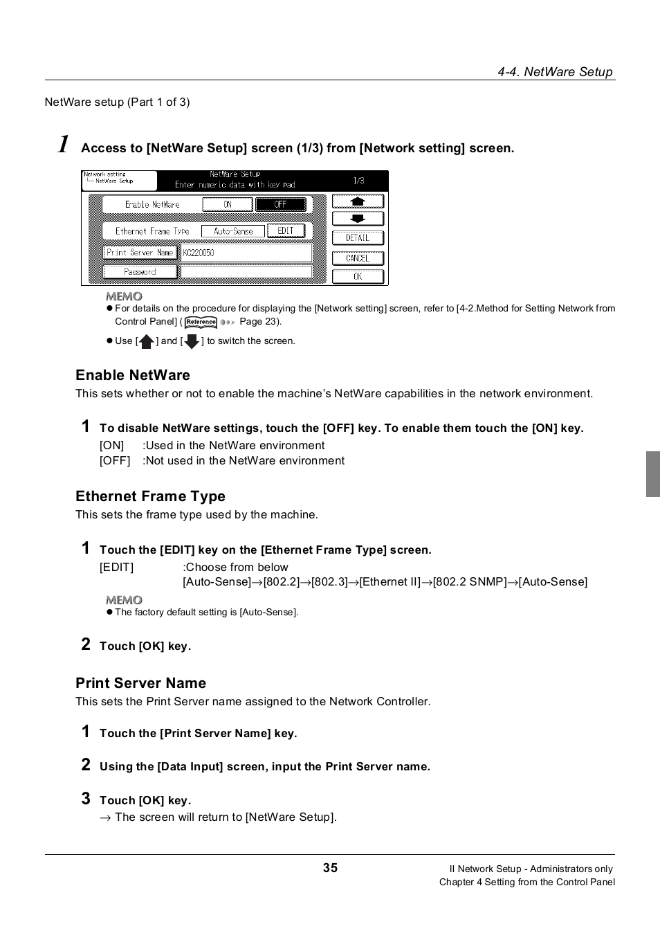 Enable netware, Ethernet frame type, Print server name | Konica Minolta 7235 User Manual | Page 44 / 230