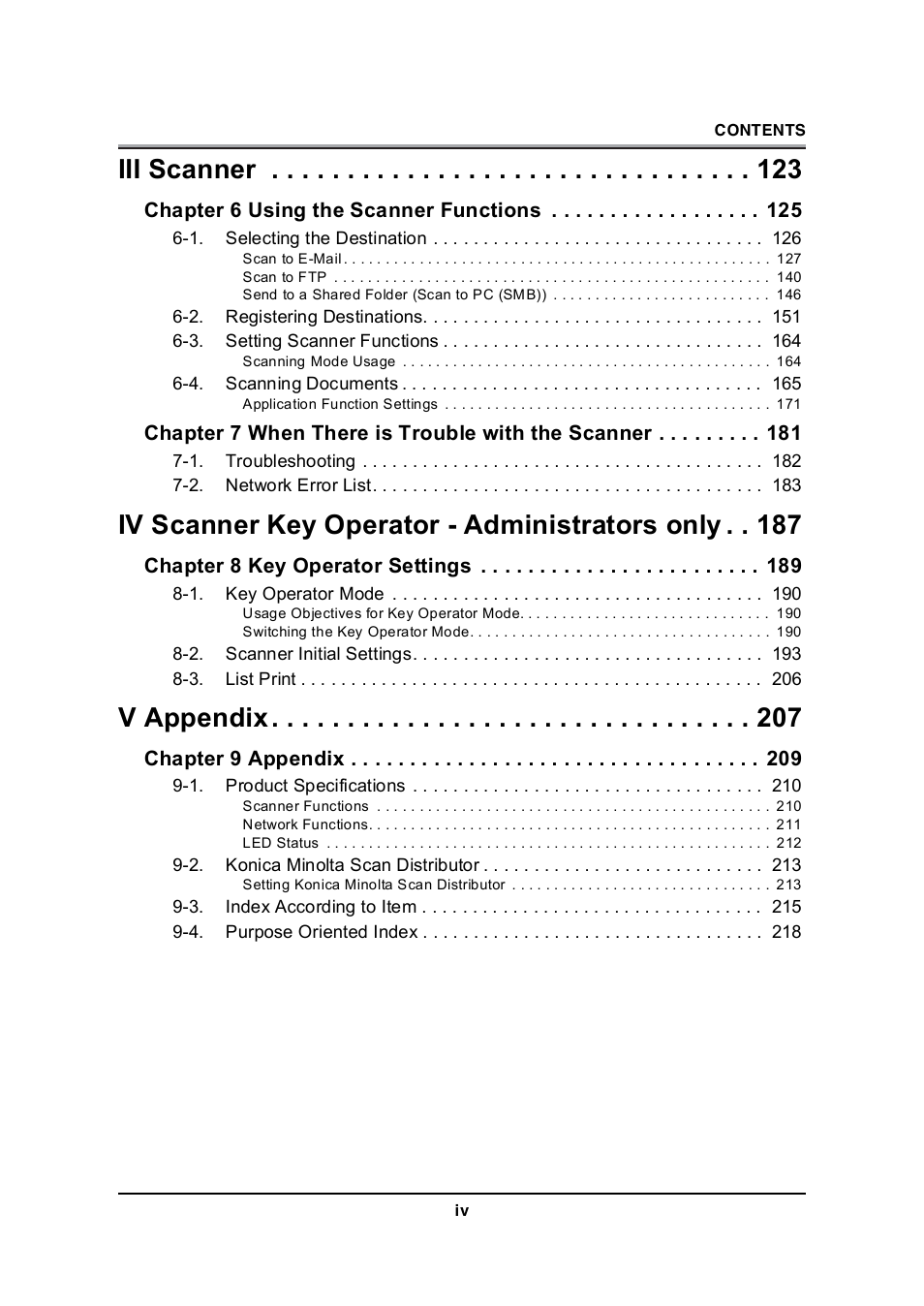 Iii scanner, Iv scanner key operator - administrators only, V appendix | Konica Minolta 7235 User Manual | Page 5 / 230