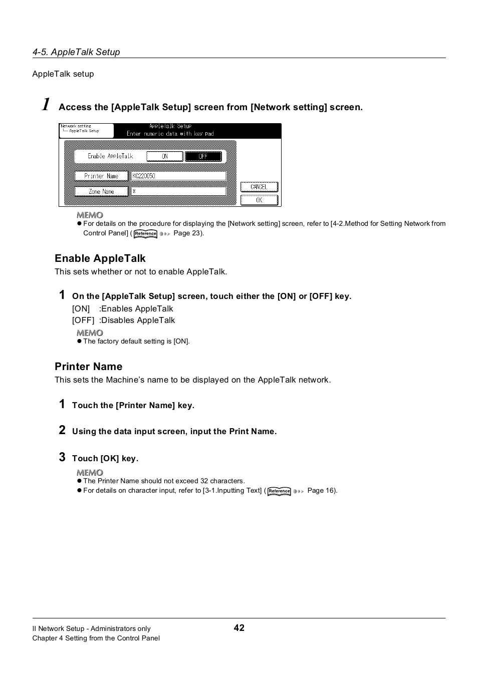 Enable appletalk, Printer name | Konica Minolta 7235 User Manual | Page 51 / 230