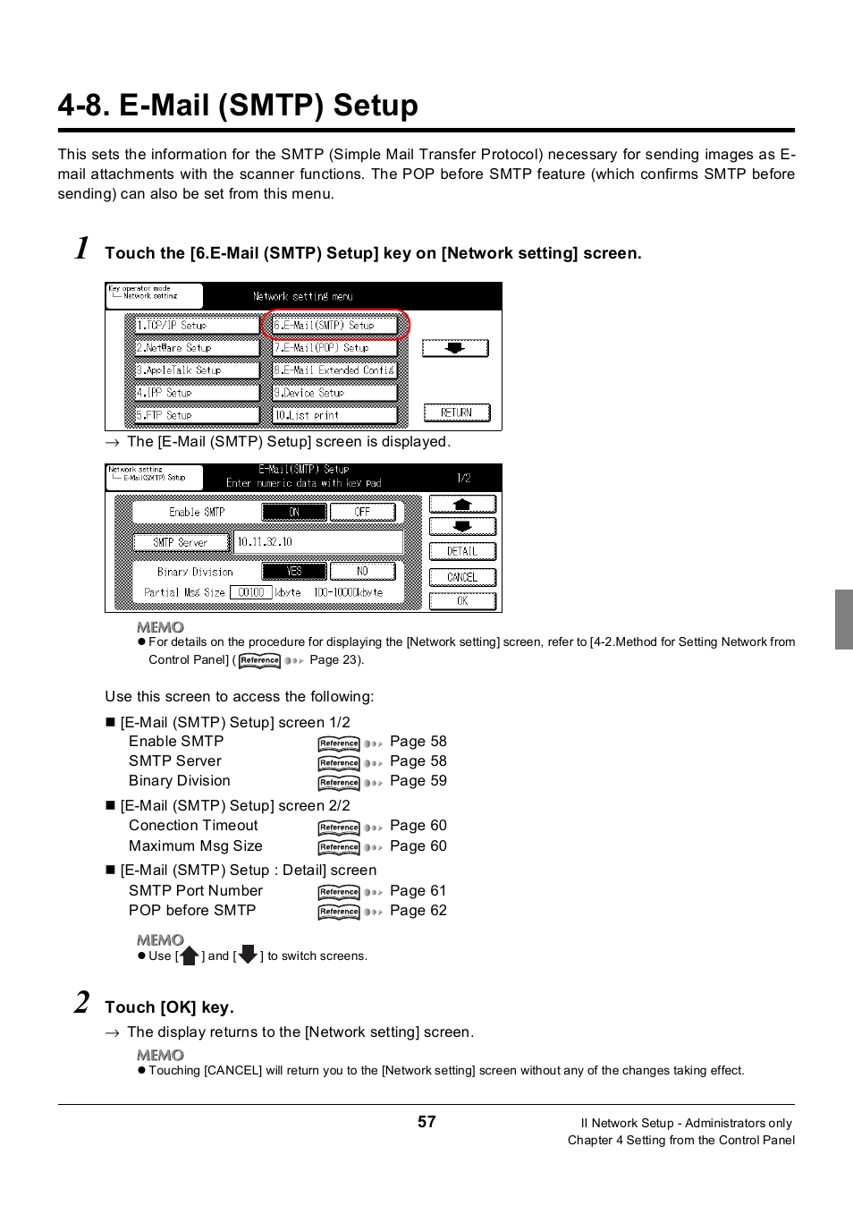 8. e-mail (smtp) setup, E-mail (smtp) setup | Konica Minolta 7235 User Manual | Page 66 / 230