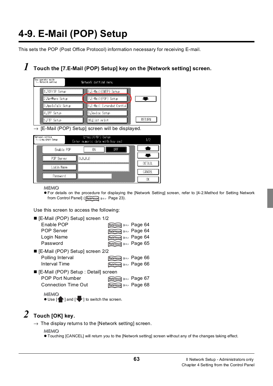 9. e-mail (pop) setup, E-mail (pop) setup | Konica Minolta 7235 User Manual | Page 72 / 230