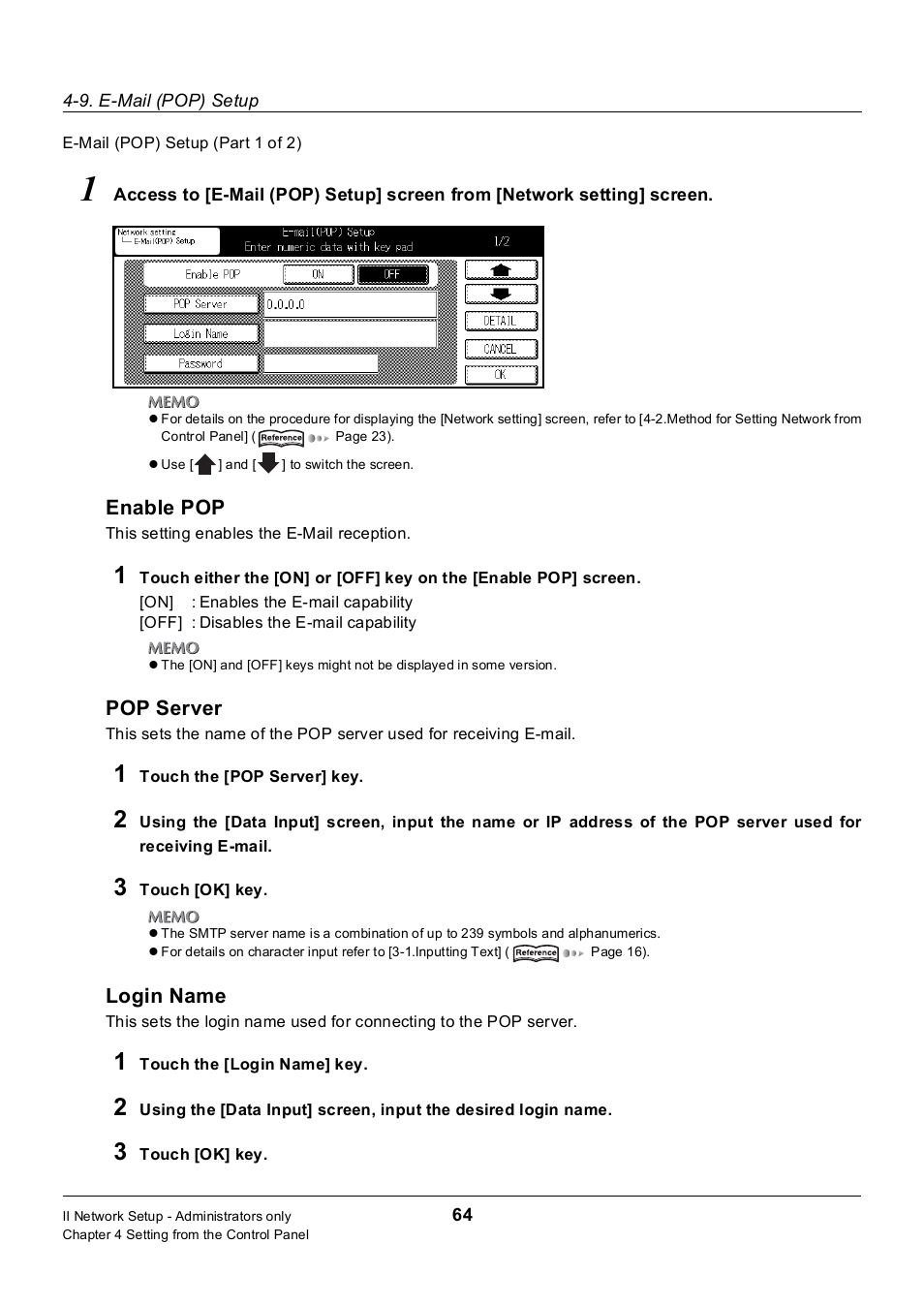 Enable pop, Pop server, Login name | Konica Minolta 7235 User Manual | Page 73 / 230