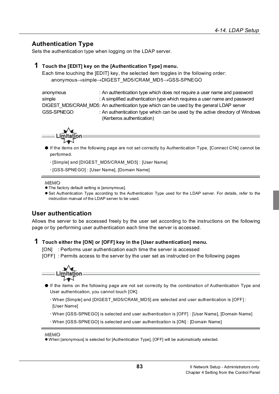 Authentication type, User authentication | Konica Minolta 7235 User Manual | Page 92 / 230