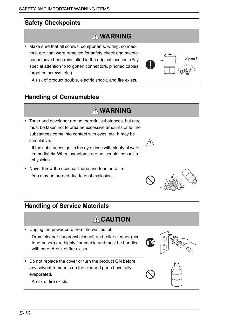 Warning, Caution, Safety checkpoints | Handling of consumables, Handling of service materials | Konica Minolta PagePro 1390 MF User Manual | Page 11 / 178