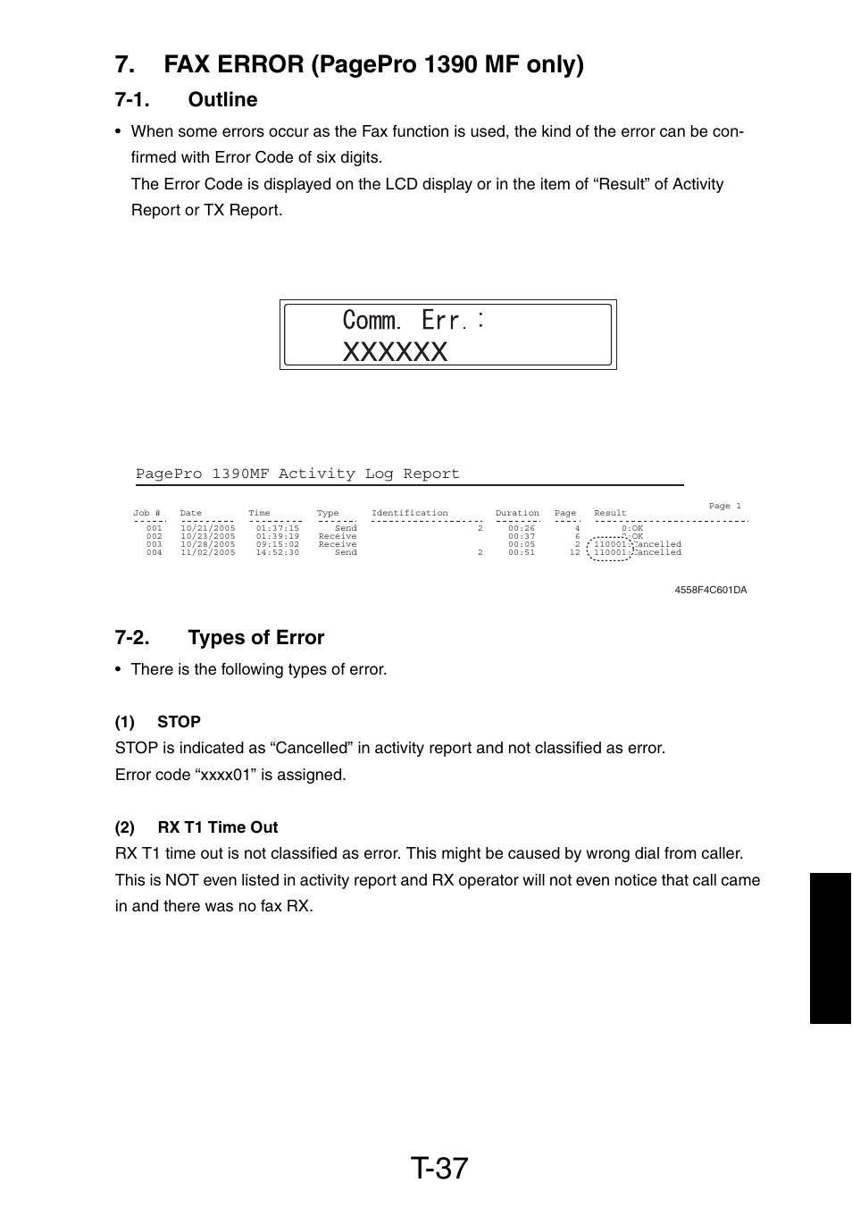 1. outline, 2. types of error, 1) stop | 2) rx t1 time out, Stop, T-37, Fax error (pagepro 1390 mf only) | Konica Minolta PagePro 1390 MF User Manual | Page 147 / 178