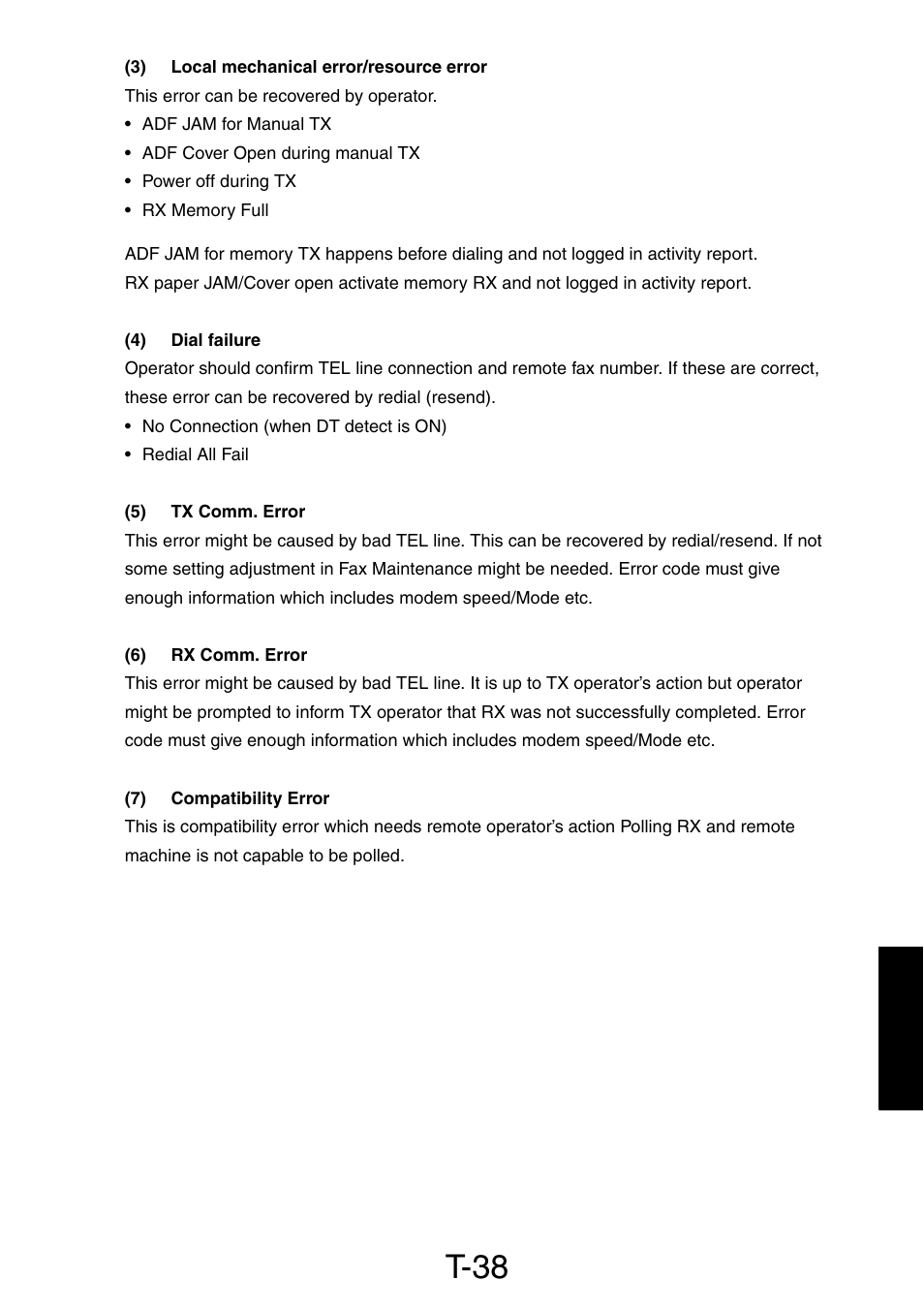 3) local mechanical error/resource error, 4) dial failure, 5) tx comm. error | 6) rx comm. error, 7) compatibility error, T-38 | Konica Minolta PagePro 1390 MF User Manual | Page 148 / 178