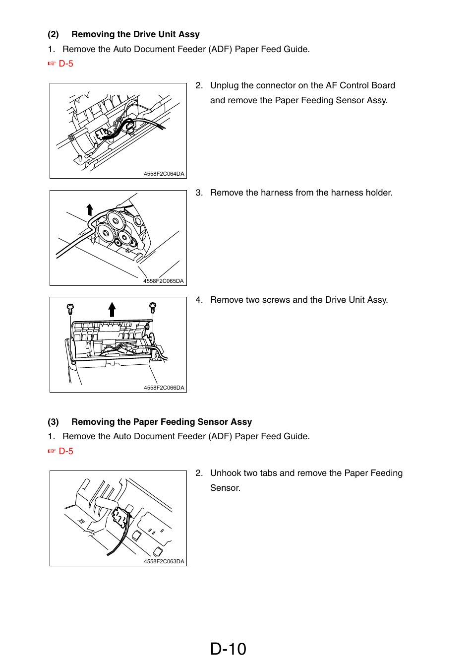 2) removing the drive unit assy, 3) removing the paper feeding sensor assy, D-10 | Konica Minolta PagePro 1390 MF User Manual | Page 169 / 178