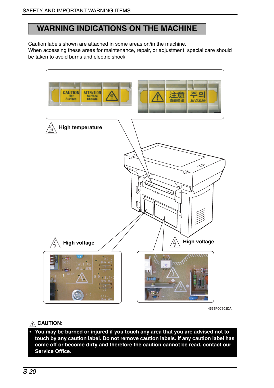 Warning indications on the machine | Konica Minolta PagePro 1390 MF User Manual | Page 21 / 178