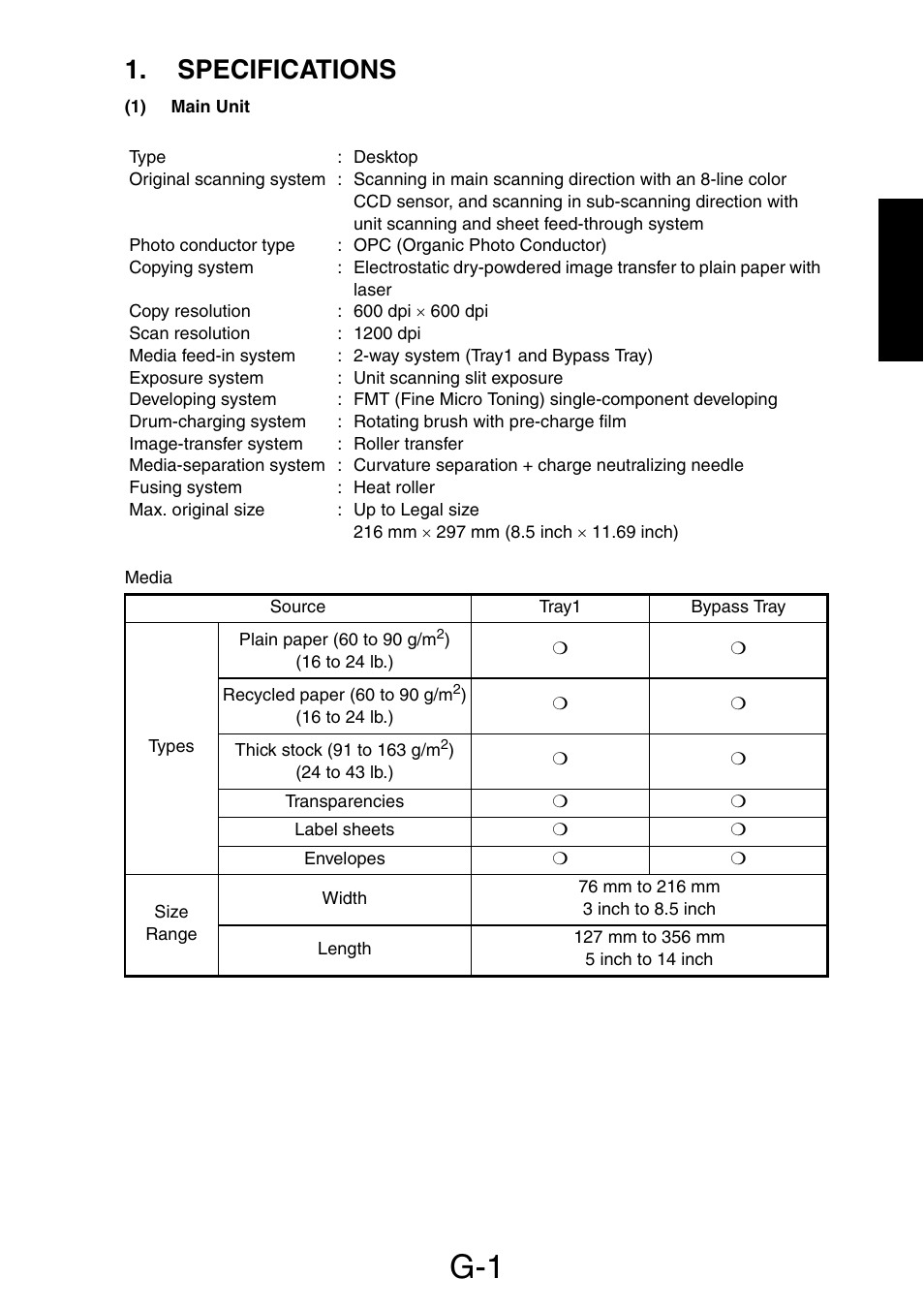 Specifications, 1) main unit | Konica Minolta PagePro 1390 MF User Manual | Page 28 / 178