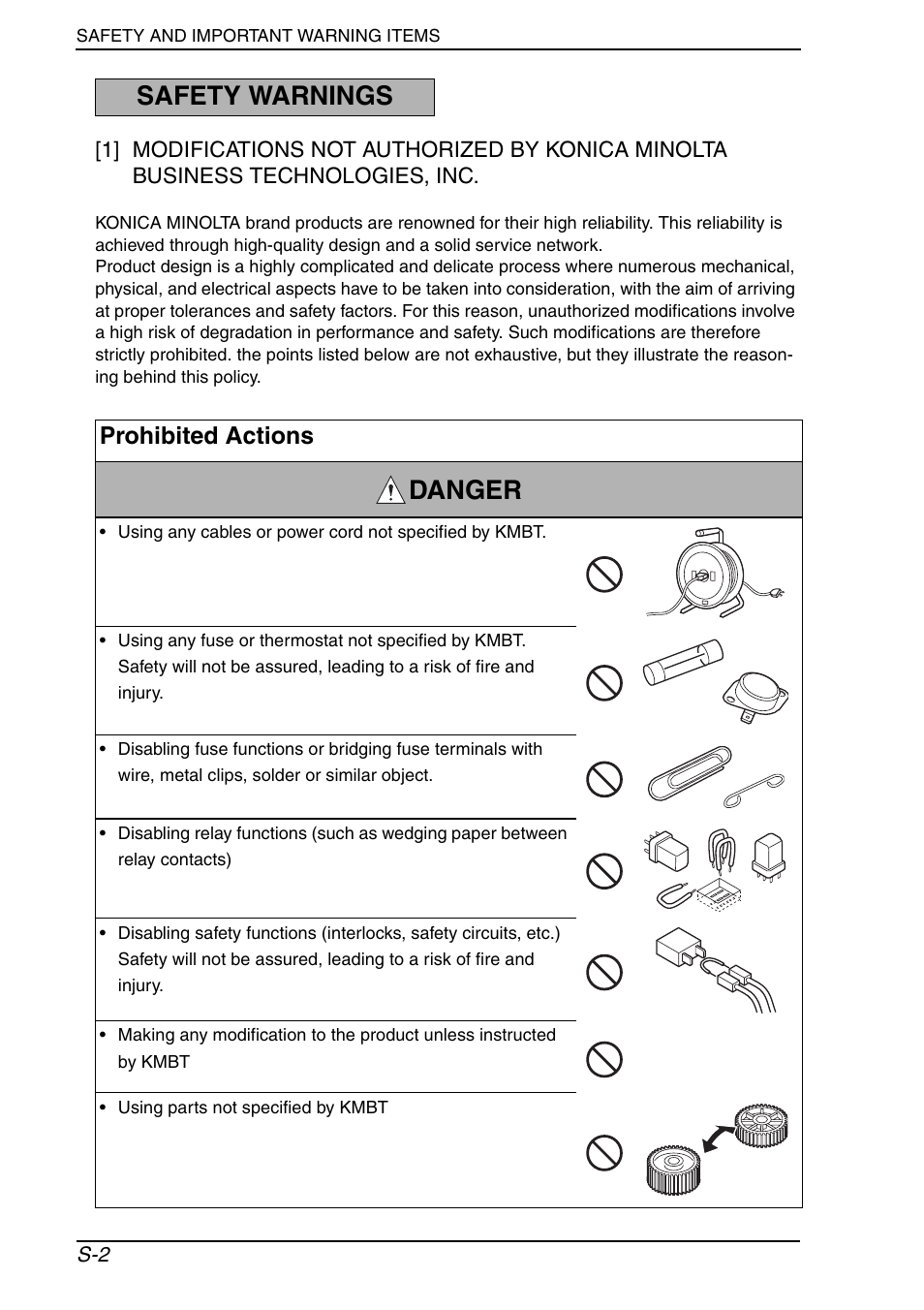 Safety warnings, Danger, Prohibited actions | Konica Minolta PagePro 1390 MF User Manual | Page 3 / 178