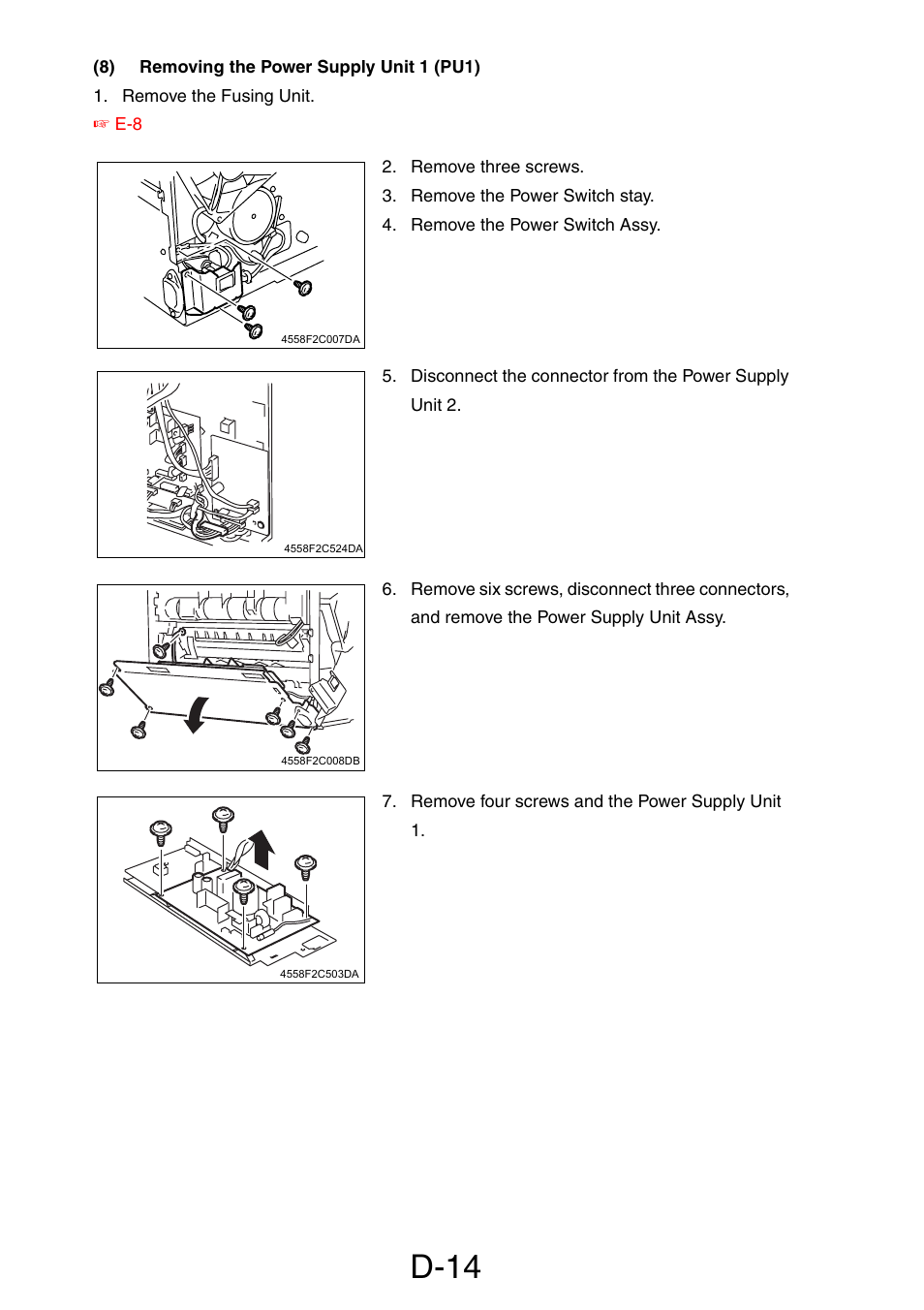 8) removing the power supply unit 1 (pu1), D-14 | Konica Minolta PagePro 1390 MF User Manual | Page 56 / 178