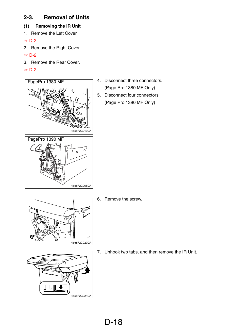 3. removal of units, 1) removing the ir unit, D-18 | Konica Minolta PagePro 1390 MF User Manual | Page 60 / 178