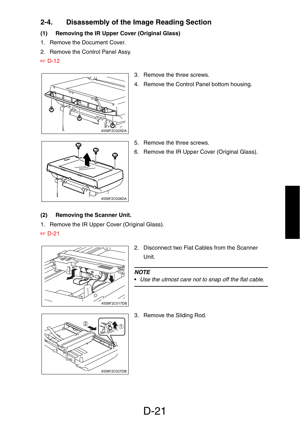 4. disassembly of the image reading section, 1) removing the ir upper cover (original glass), 2) removing the scanner unit | D-21 | Konica Minolta PagePro 1390 MF User Manual | Page 63 / 178