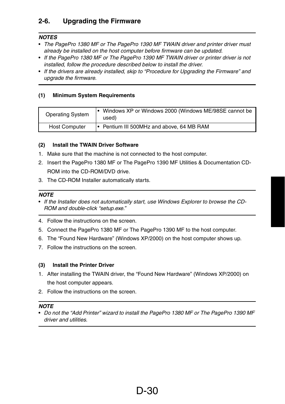 6. upgrading the firmware, 1) minimum system requirements, 2) install the twain driver software | 3) install the printer driver, D-30 | Konica Minolta PagePro 1390 MF User Manual | Page 72 / 178