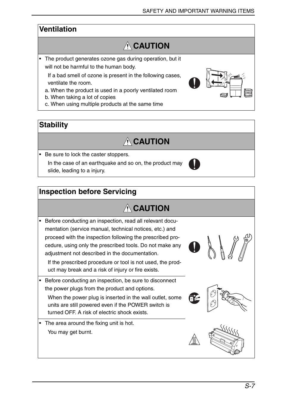 Caution, Ventilation, Stability | Inspection before servicing | Konica Minolta PagePro 1390 MF User Manual | Page 8 / 178