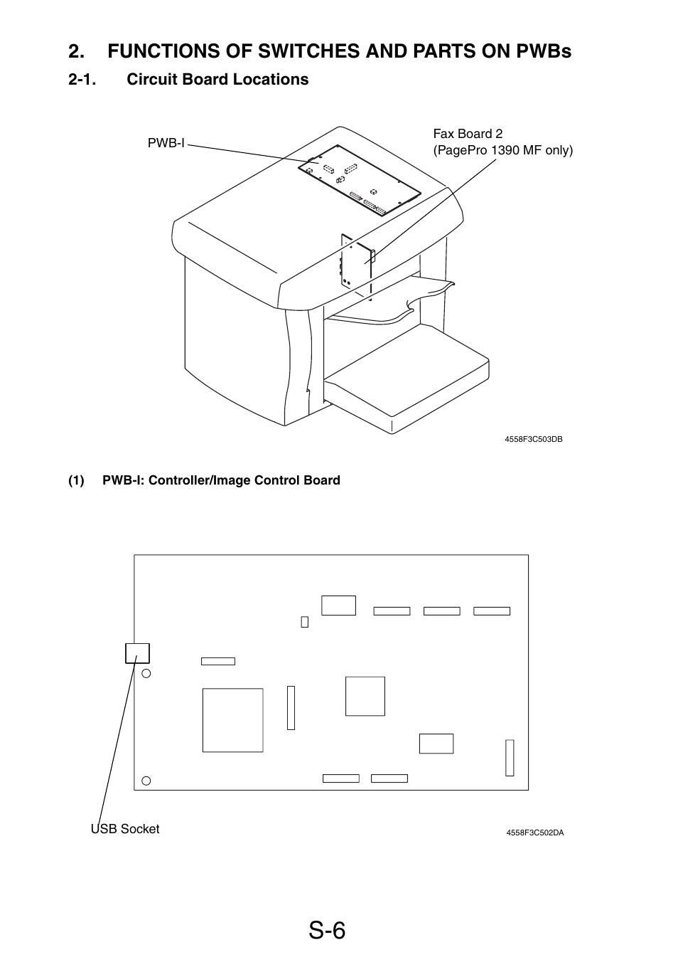 Functions of switches and parts on pwbs, 1. circuit board locations, 1) pwb-i: controller/image control board | Konica Minolta PagePro 1390 MF User Manual | Page 82 / 178