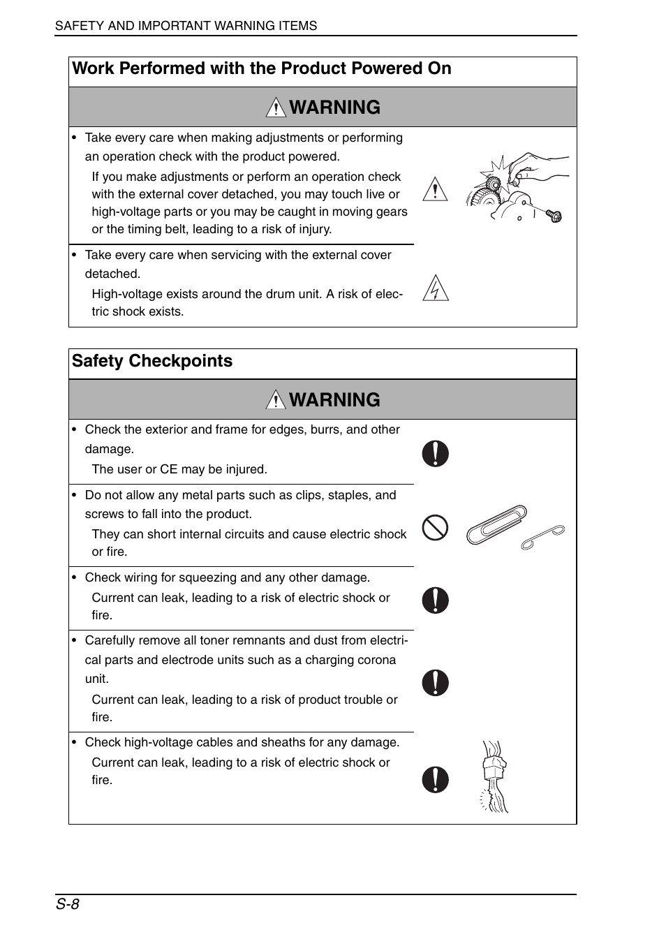 Warning, Work performed with the product powered on, Safety checkpoints | Konica Minolta PagePro 1390 MF User Manual | Page 9 / 178