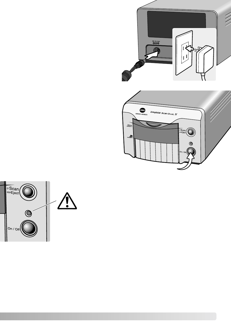 Connecting the ac adapter, Turning on the scanner, Disconnecting the scanner | Konica Minolta IV User Manual | Page 17 / 100