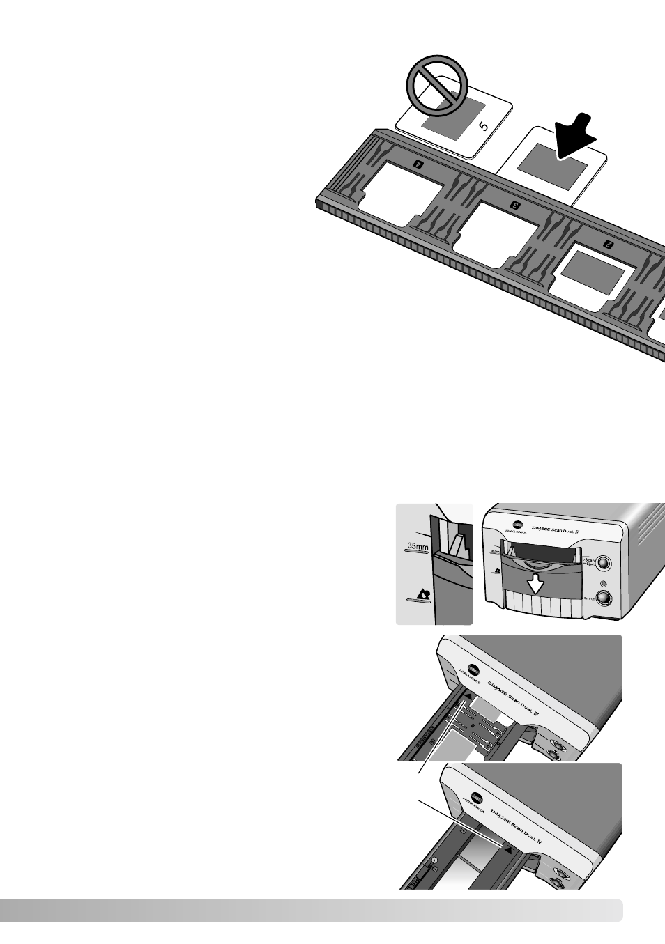 Loading mounted slides, Loading a film holder into the scanner | Konica Minolta IV User Manual | Page 19 / 100