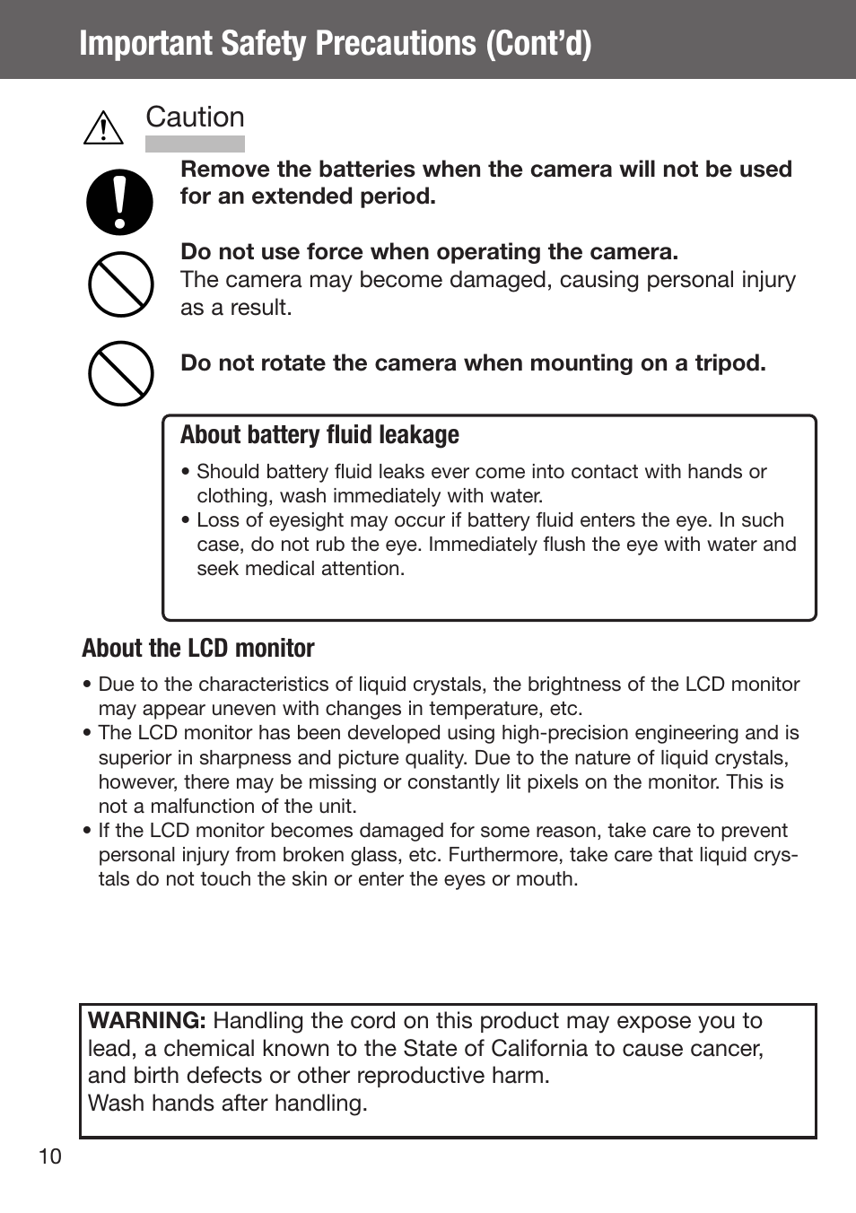 Important safety precautions (cont’d), Caution, About the lcd monitor about battery fluid leakage | Konica Minolta DiMAGE G500 User Manual | Page 10 / 126