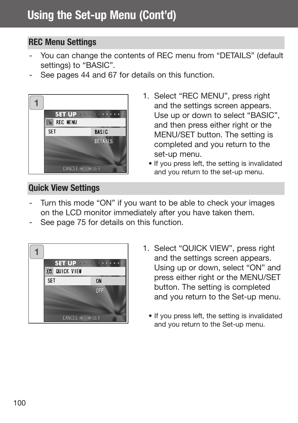 Rec menu settings quick view settings, Using the set-up menu (cont’d) | Konica Minolta DiMAGE G500 User Manual | Page 100 / 126