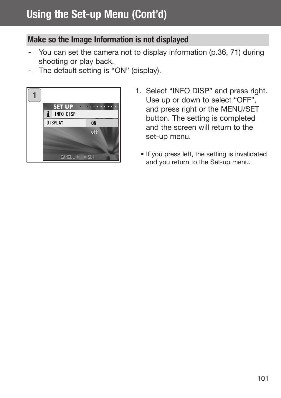 Switching off the image information display, Using the set-up menu (cont’d) | Konica Minolta DiMAGE G500 User Manual | Page 101 / 126