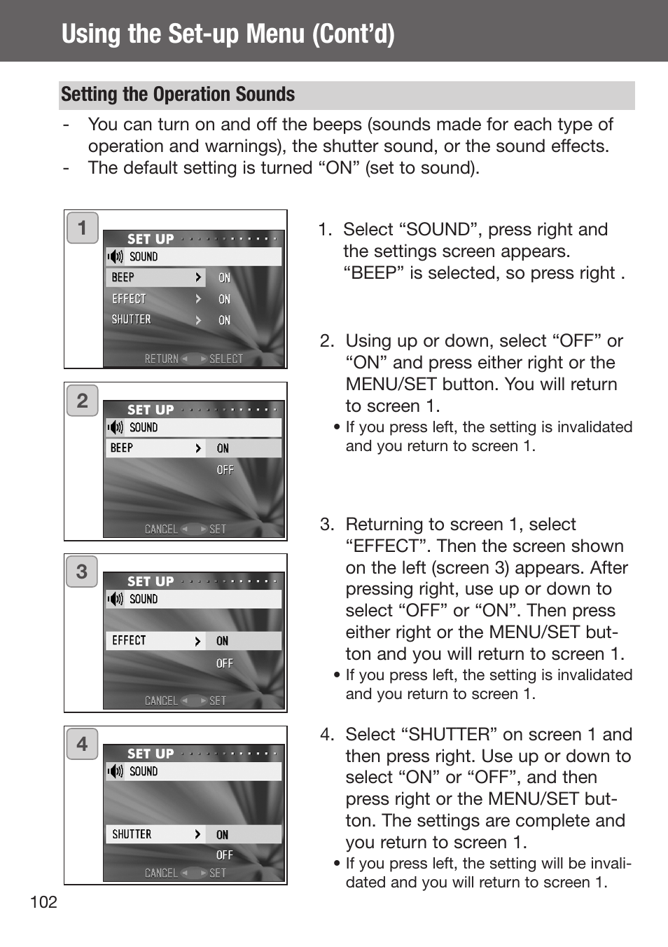 Setting the operation sounds, Using the set-up menu (cont’d) | Konica Minolta DiMAGE G500 User Manual | Page 102 / 126