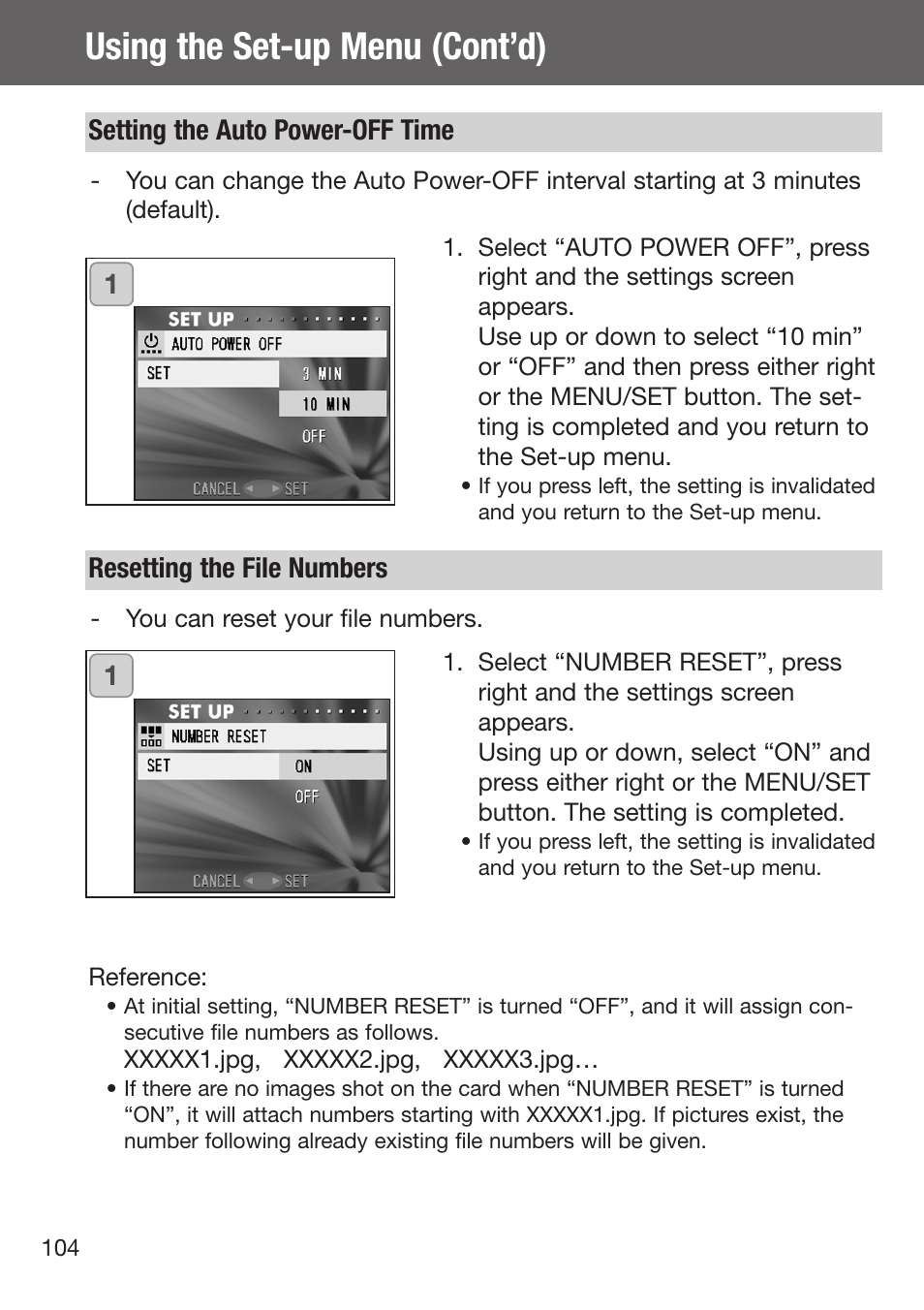 Using the set-up menu (cont’d), 1setting the auto power-off time, Resetting the file numbers | Konica Minolta DiMAGE G500 User Manual | Page 104 / 126