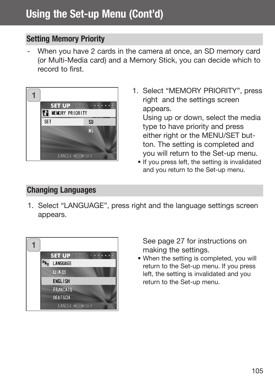 Setting memory priority changing languages, Using the set-up menu (cont’d) | Konica Minolta DiMAGE G500 User Manual | Page 105 / 126