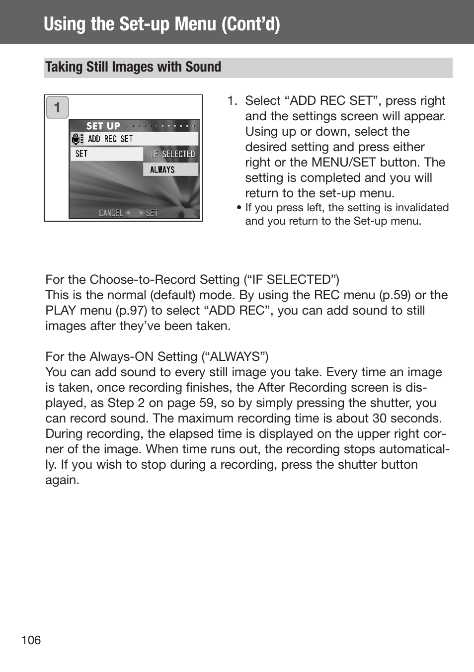 Taking still images with sound, Using the set-up menu (cont’d) | Konica Minolta DiMAGE G500 User Manual | Page 106 / 126