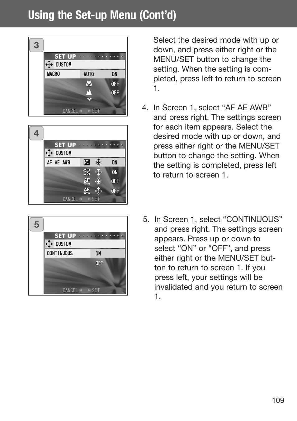 Using the set-up menu (cont’d) | Konica Minolta DiMAGE G500 User Manual | Page 109 / 126