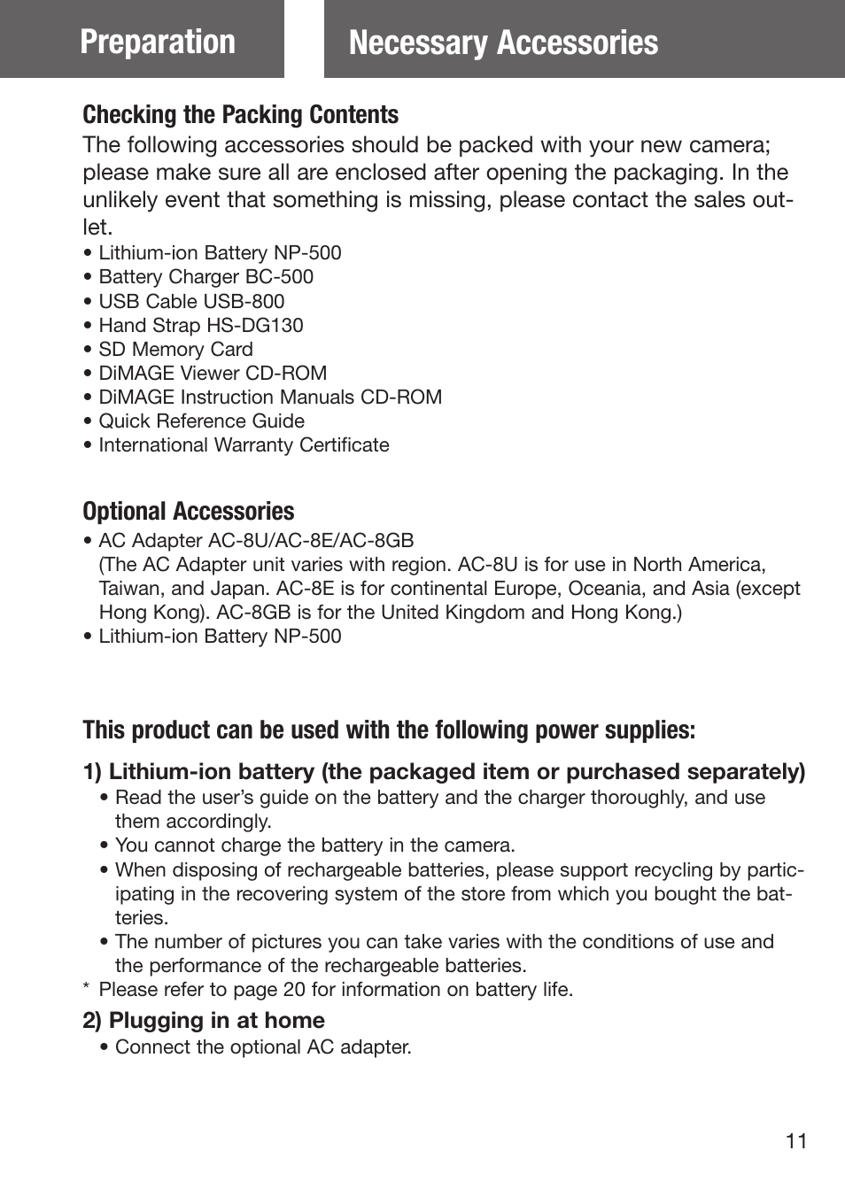 Necessary accessories, Preparation necessary accessories, Checking the packing contents | Optional accessories | Konica Minolta DiMAGE G500 User Manual | Page 11 / 126