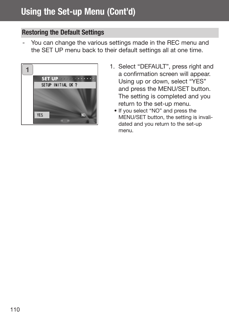 Restoring the default settings, Using the set-up menu (cont’d) | Konica Minolta DiMAGE G500 User Manual | Page 110 / 126