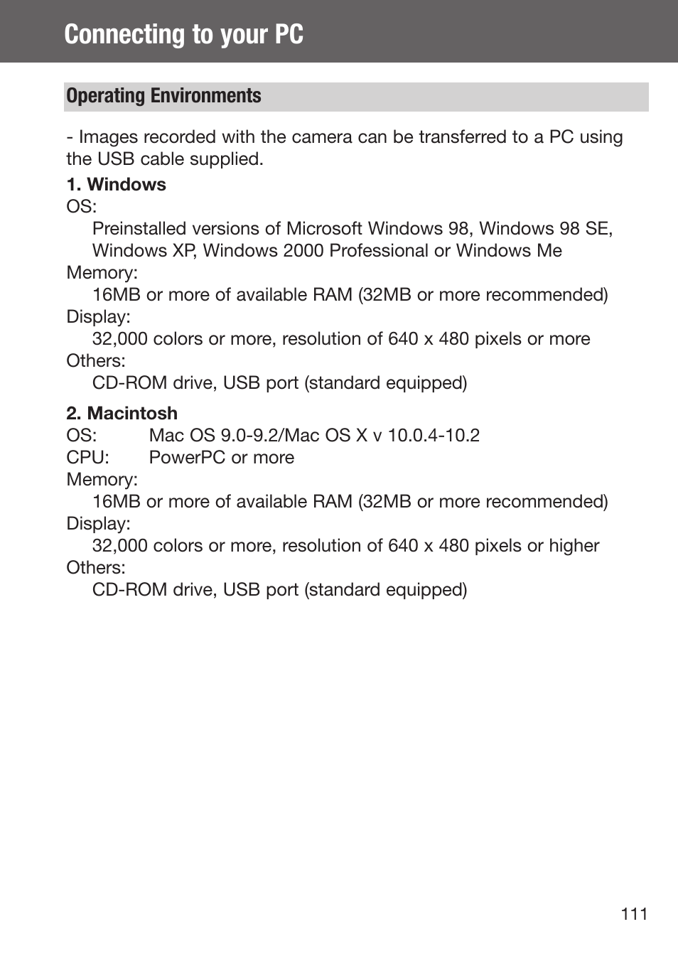 Connecting to your pc, Operating environments | Konica Minolta DiMAGE G500 User Manual | Page 111 / 126