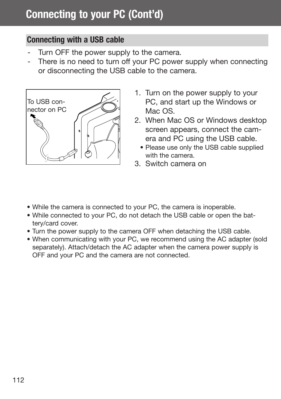 Connecting with a usb cable, Connecting to your pc (cont’d) | Konica Minolta DiMAGE G500 User Manual | Page 112 / 126