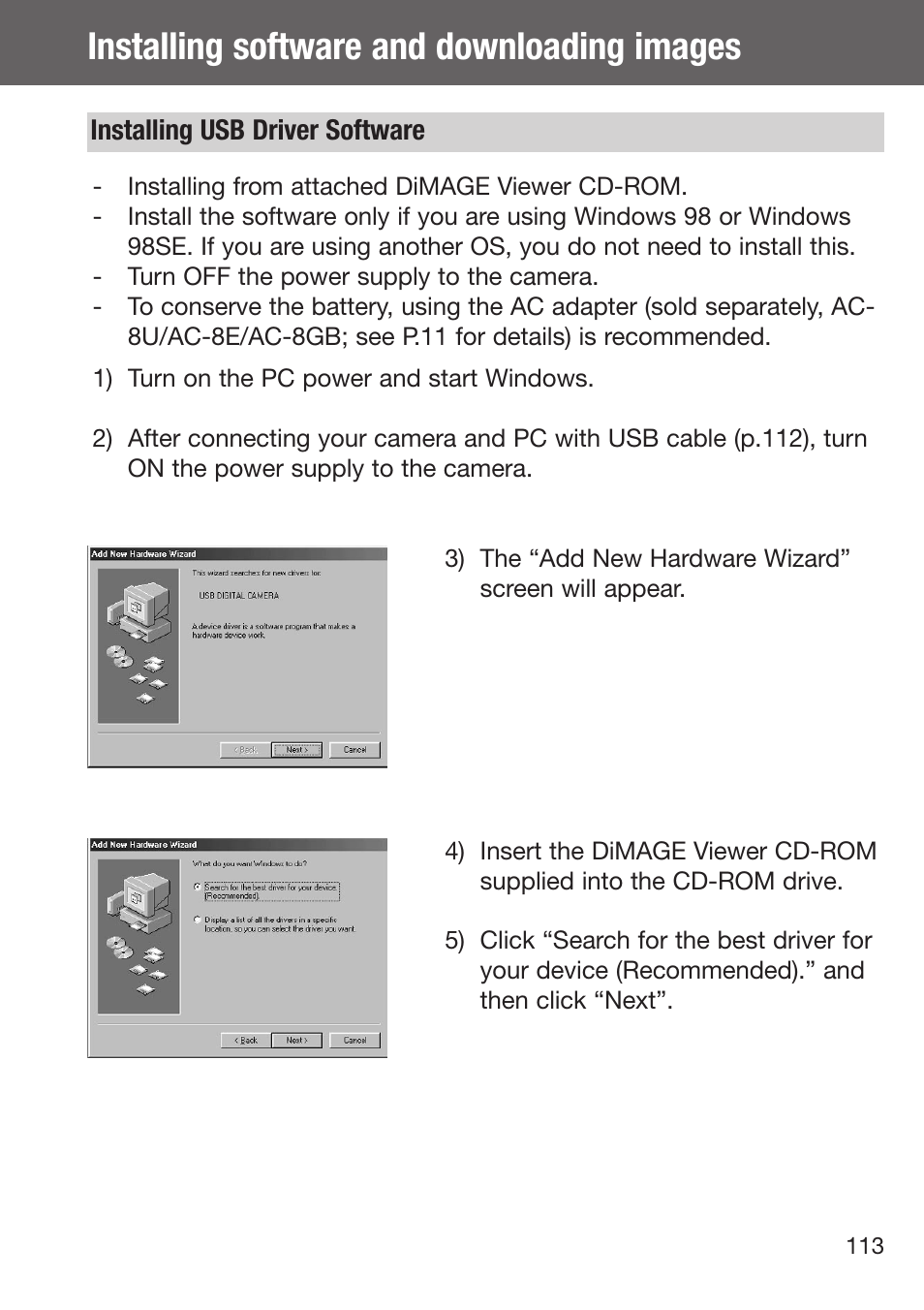 Installing software and downloading images, Installing usb driver software | Konica Minolta DiMAGE G500 User Manual | Page 113 / 126