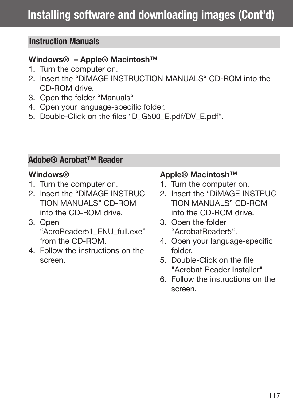 Instruction manuals adobe acrobat reader | Konica Minolta DiMAGE G500 User Manual | Page 117 / 126