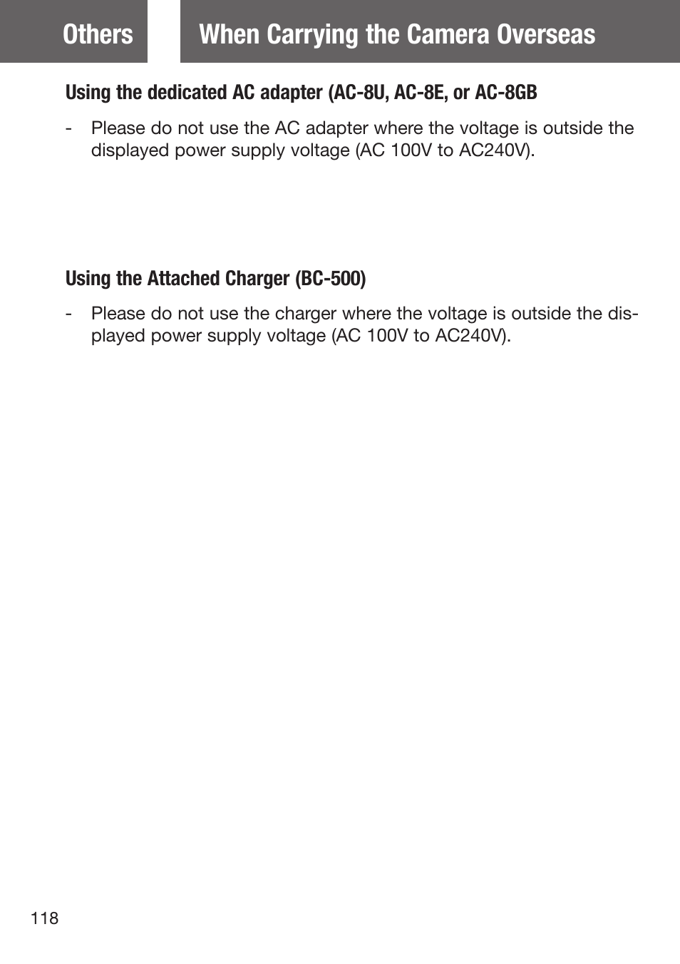 When carrying the camera overseas, When carrying the camera overseas others | Konica Minolta DiMAGE G500 User Manual | Page 118 / 126
